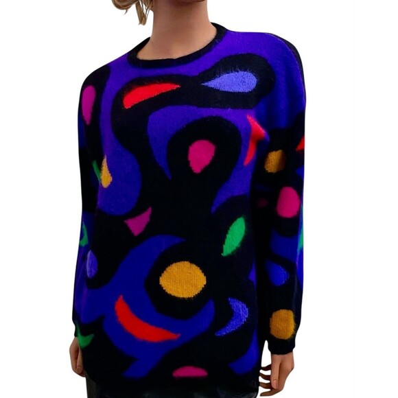 Rafaella Vtg Sweater Artsy Fuzzy Purple Angora Lambswool L 80’s Retro Rainbow - Picture 1 of 10
